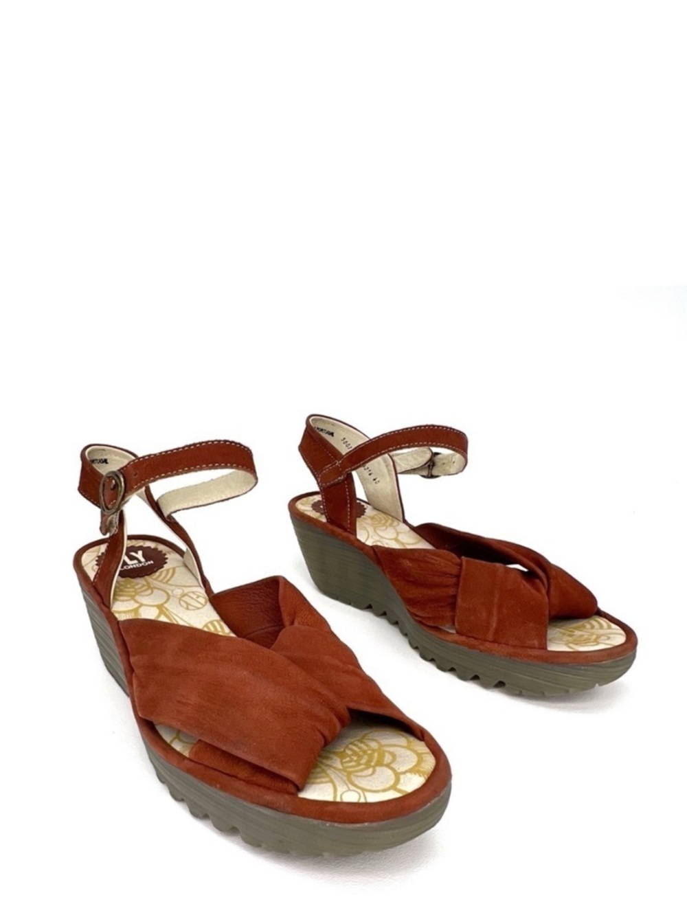 Fly London Yesh Wedge Sandals Knotted Strap Brick Rust Nubuck Leather Size 9-9.5
